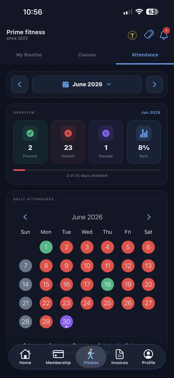 Torzil member app monthly attendance calendar showing present and absent days
