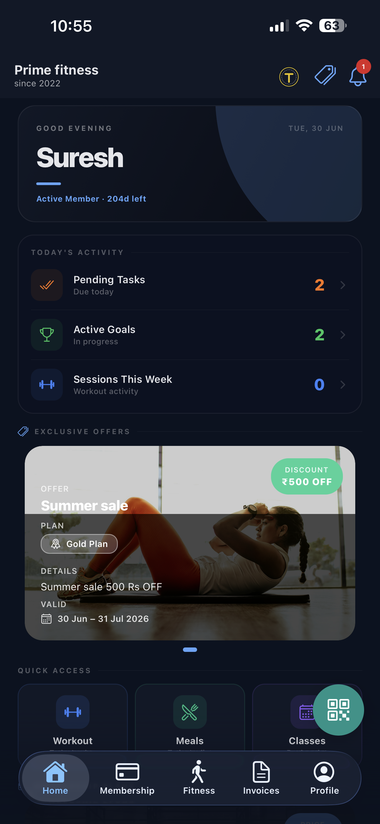 Home screen - activity, goals and exclusive offers