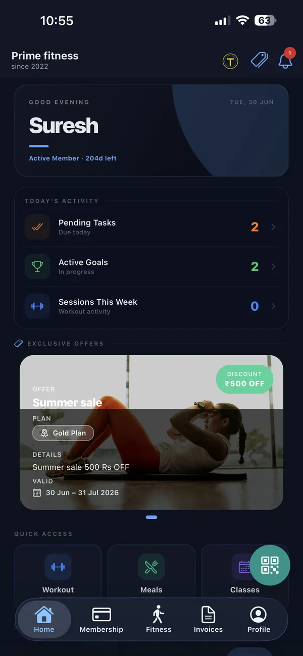 Torzil member app home screen with activity, goals and offers