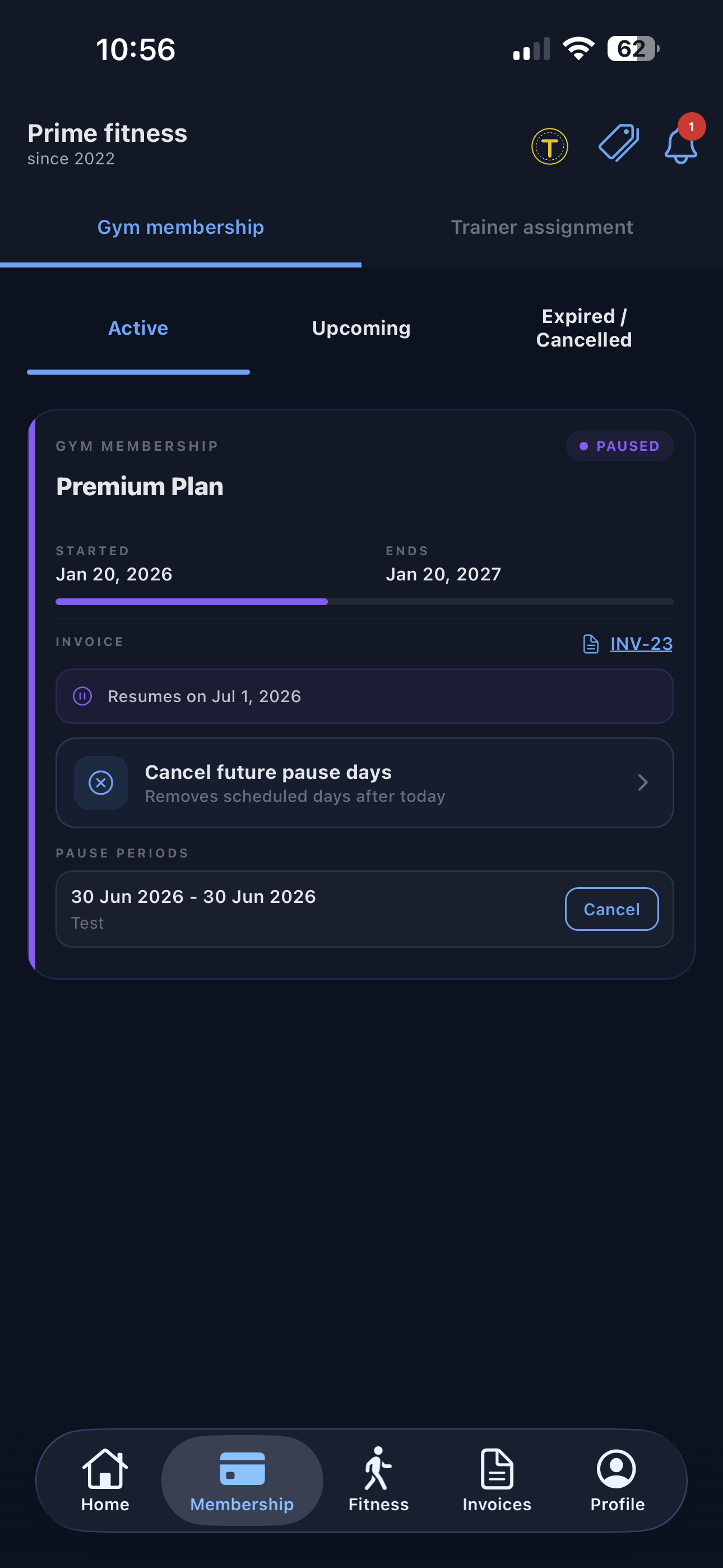 Membership plan with pause and invoice options
