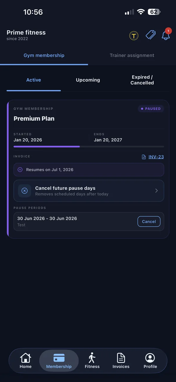 Torzil member app membership screen with plan details, pause and invoice options