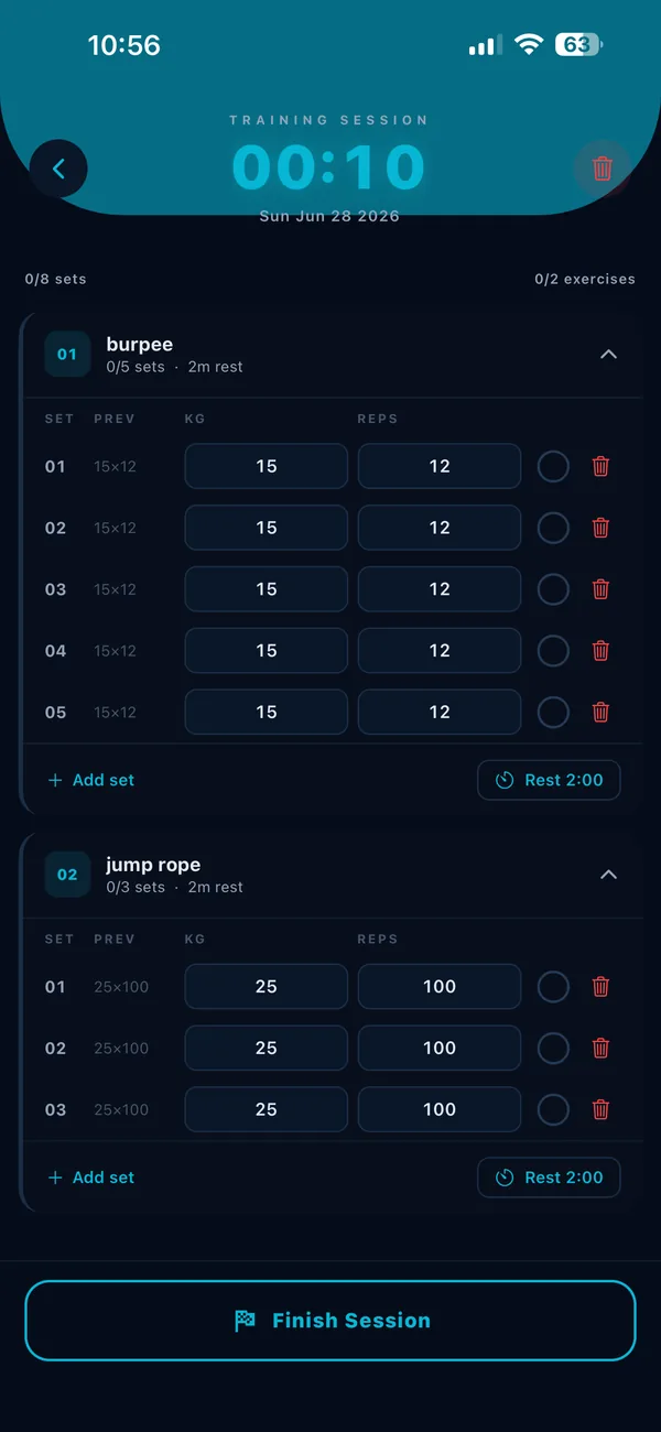 Torzil member app live training session with set and rep tracking
